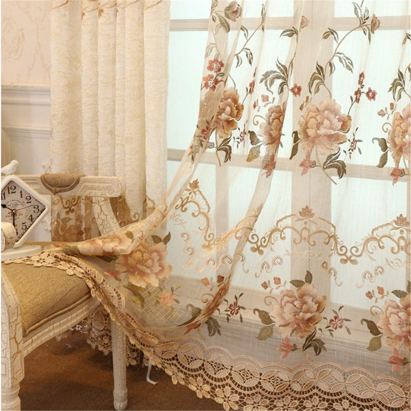 WPKIRA Delicate European Embroidered Floral Sheer Curtains Rod Pocket Royal Romantic Window Treatment Voile Curtain for Bedroom/Villa Natural Light Flow Luxury Tulle Curtain 1 Panel W40 x L84 inch - Image 1